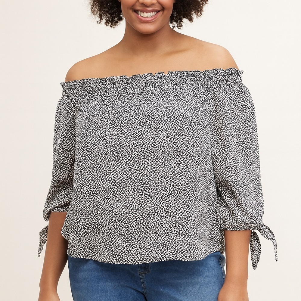 Michael Kors Black and White Off Shoulder Pleated Women's Blouse NWT